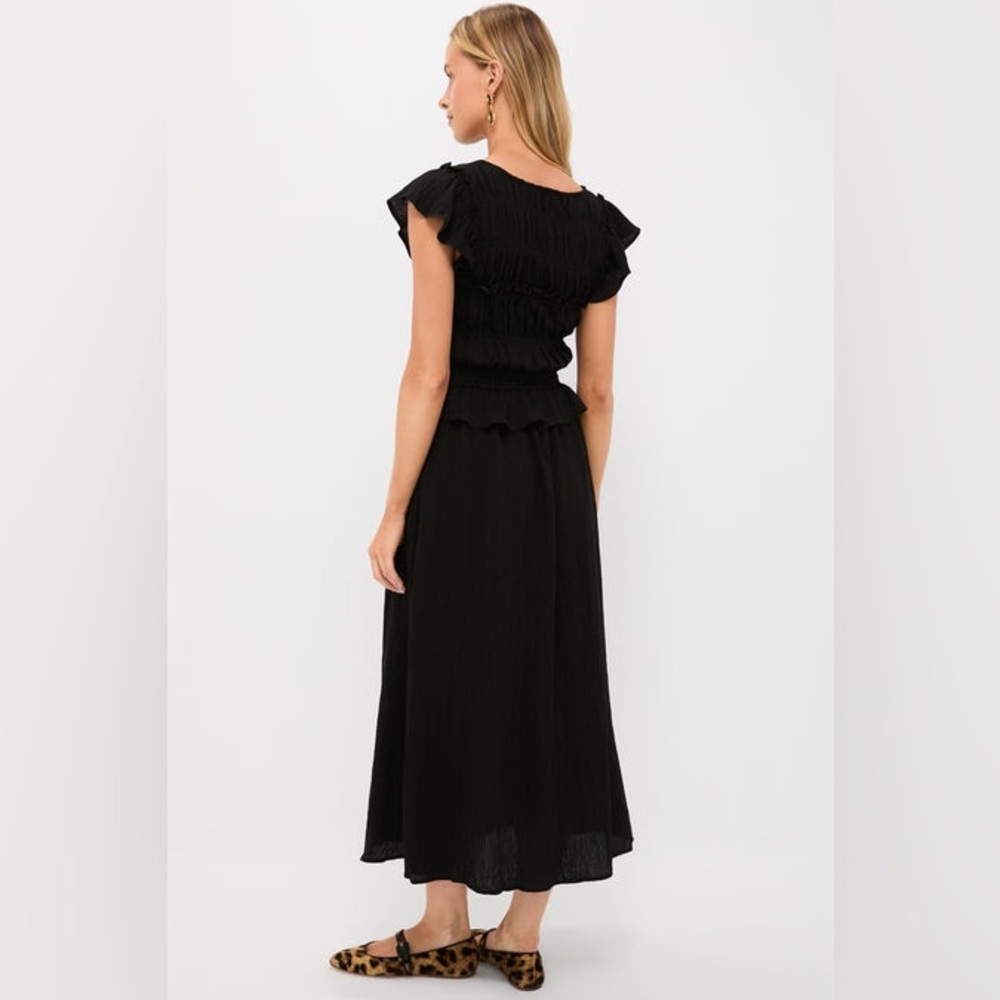 Tuckernuck Moon River Black Flutter Sleeve Smocked Bodice Midi Dress Ruffle Trim - Picture 2 of 11